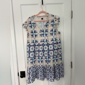 SHEIN Blue and Cream Geometric Midi Dress